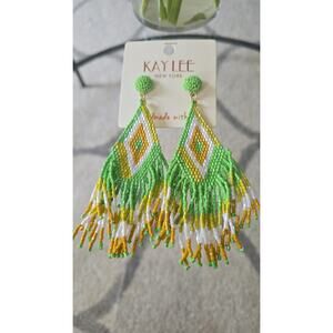 Kay Lee Green Yellow Beaded Fringe Earrings New